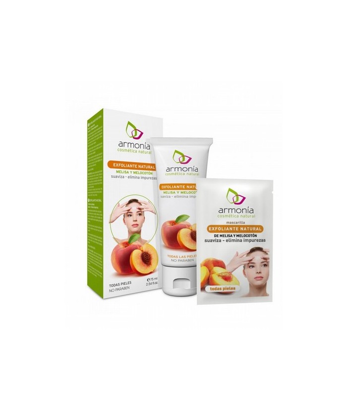 Fórmula estudiada para exfoliar de forma natural la piel mediante finos gránulos de hueso de melocotón que, por arrastre, elimi