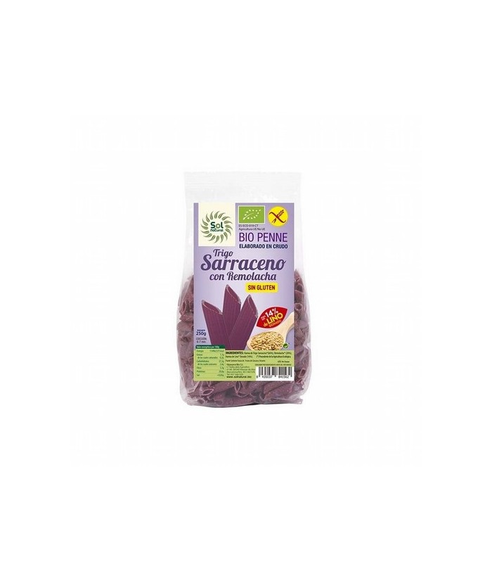 PENNE TRIGO SARRACENO CON REMOLACHA Y LINO SIN GLUTEN BIO 250 G SOL NATURAL   Ingredientes: Harina de Trigo Sarraceno* 66%, Rem