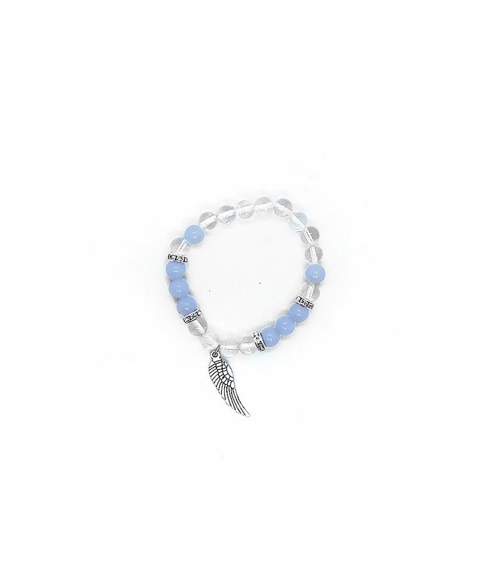 Pulsera Angelita y Cristal de Roca en bola de 8 mm. con amuleto colgante ala de ángel.