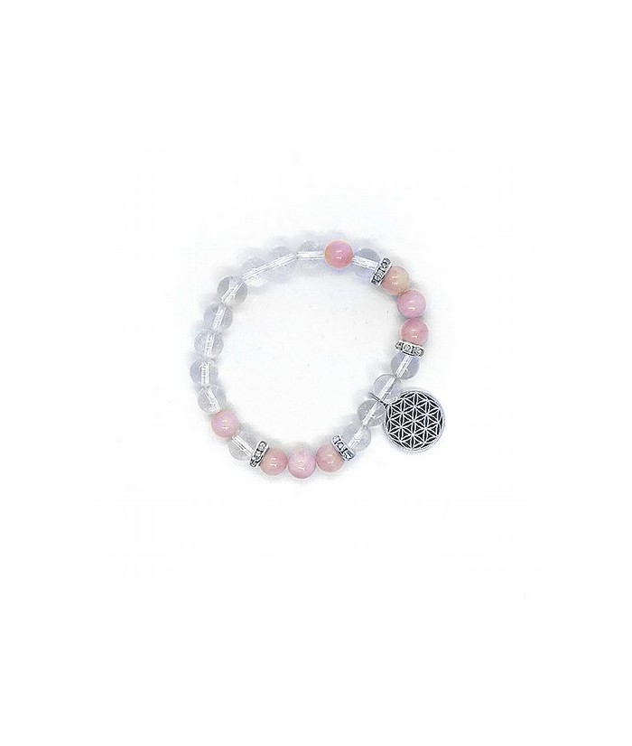 Pulsera de kuncita y cristal de roca en bola de 8 mm. con amuleto colgante flor de la vida y detalles de circonitas.
