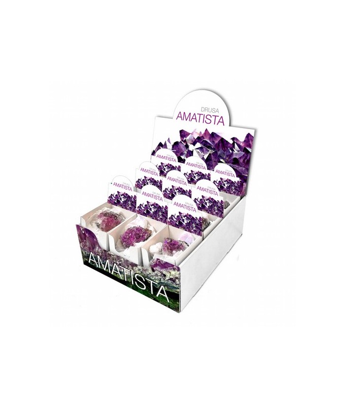 Contiene 18 Drusas de Amatista, presentadas individualmente en pequeñas cajas expositoras de 6.5x7.5 cm.

Se puede adquirir i