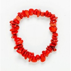 Pulsera Chip Coral Sintético Rojo o Rosa. Presentada en jinete de cartón con nombre de mineral y su propiedad.
