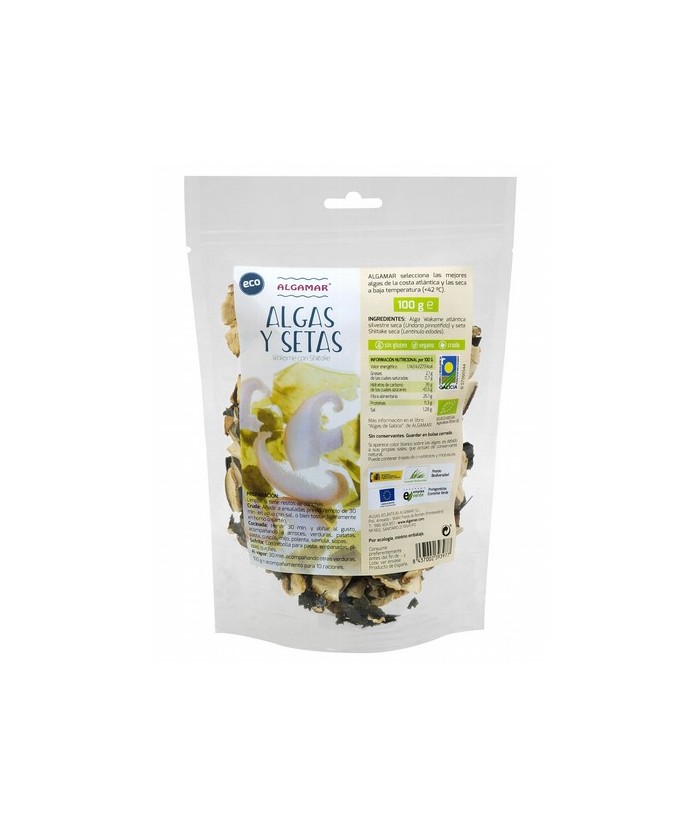 Algas y setas  100g
100 g = Guarnición para 10 raciones

Algas Wakame atlántica silvestre (Undaria pinnatifida) y seta Shii