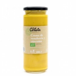 Crema de zanahoria y cúrcuma con aceite de oliva virgen extra, leche de coco y aceite de linaza rico en Omega 3. Vegano. Sin GL