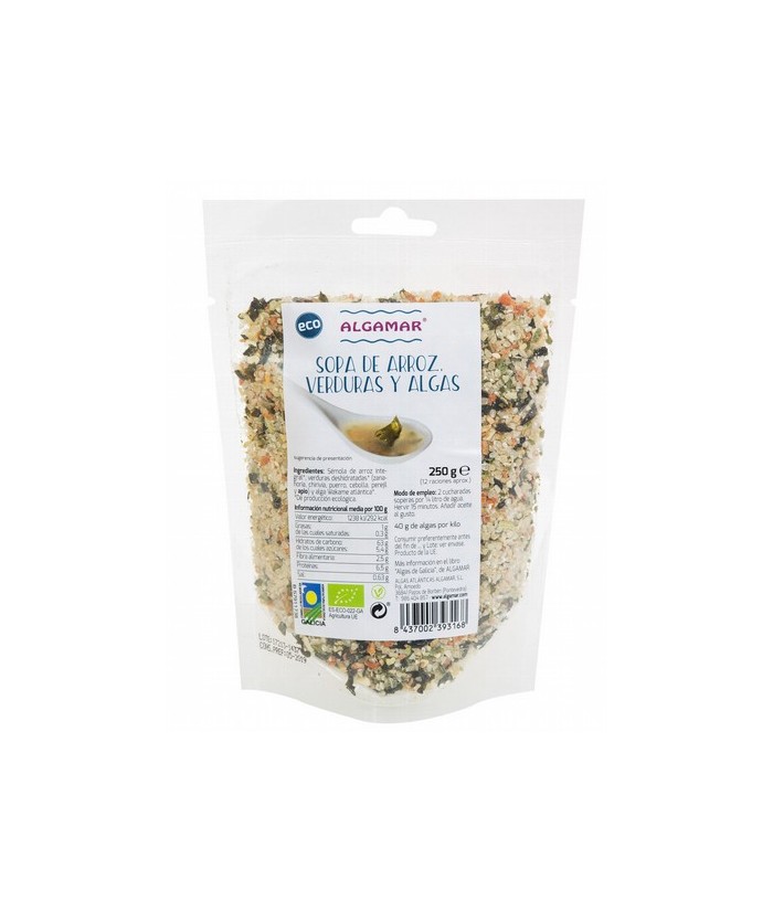 Sopa de arroz, verduras y algas  250g / 500g
Contiene 40g de algas por Kilo

Sémola de arroz integral, verduras deshidratad