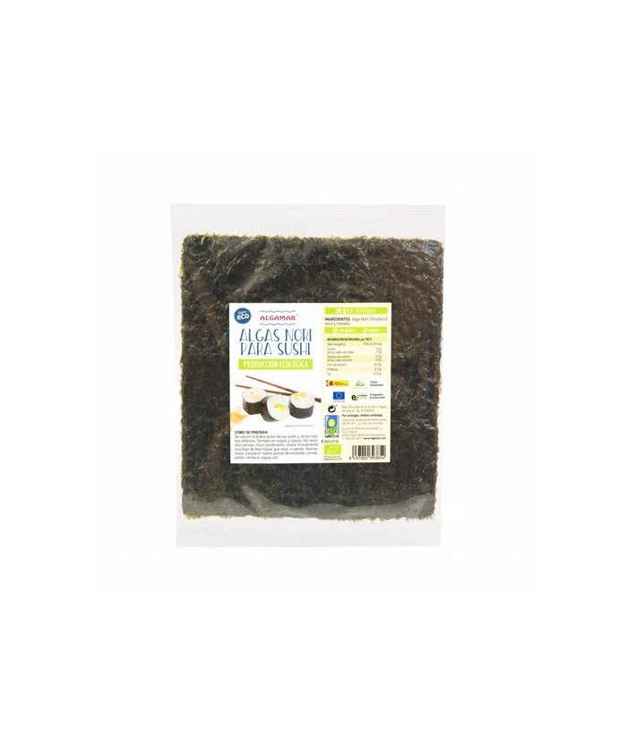 ALGA NORI PARA SUSHI BIO 25 G ALGAMAR 
*con certificación ecológica 
(Porphyra )
Es un alga de pequeño tamaño y muchos plieg