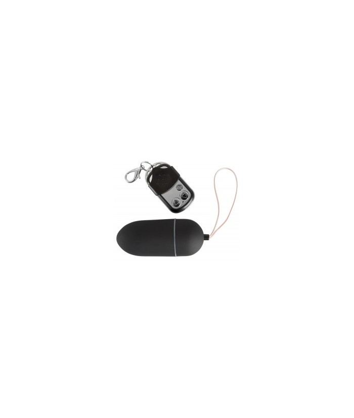 Huevo vibro negro con mando a distancia inalámbrico. 10 ritmos vibrantes. 10 cm de bucle de recuperación. 8 cm de longitud, Ø 3