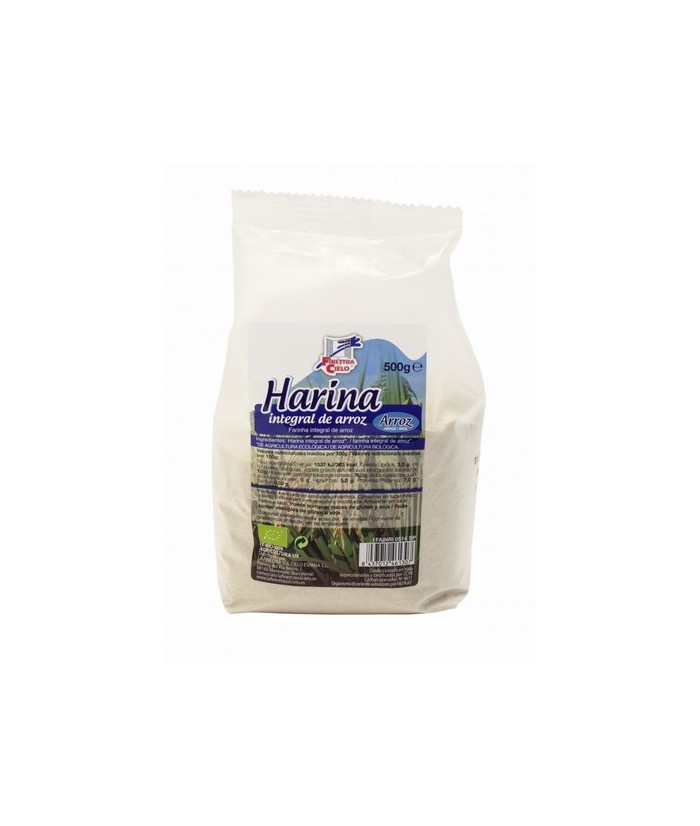 Harina integral de arroz elaborada en atmósfera protegida para asegurar su conservación. Procedente de agricultura ecológica, e