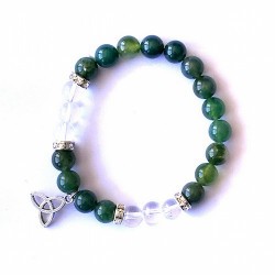 Pulsera de ágata musgo y cristal de roca en bola de 8 mm. con amuleto colgante de triqueta y detalles de circonitas.