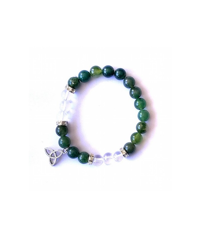 Pulsera de ágata musgo y cristal de roca en bola de 8 mm. con amuleto colgante de triqueta y detalles de circonitas.