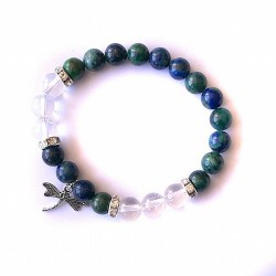 Pulsera de crisocola y cristal de roca rutilo en bola de 8 mm. con amuleto colgante de libélula y detalles de circonitas.