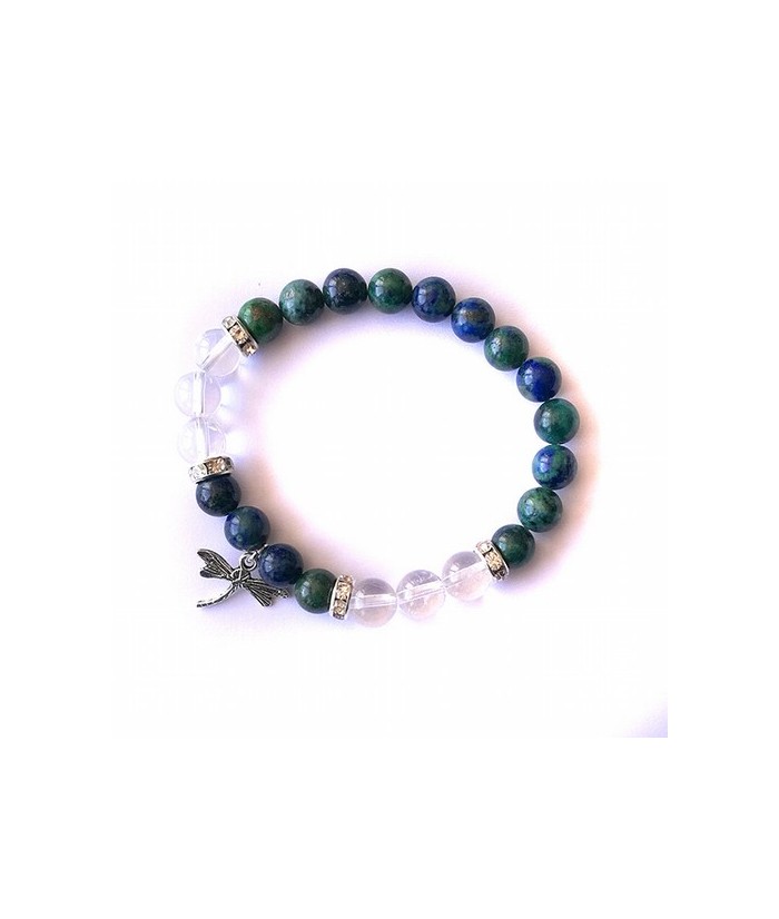 Pulsera de crisocola y cristal de roca rutilo en bola de 8 mm. con amuleto colgante de libélula y detalles de circonitas.