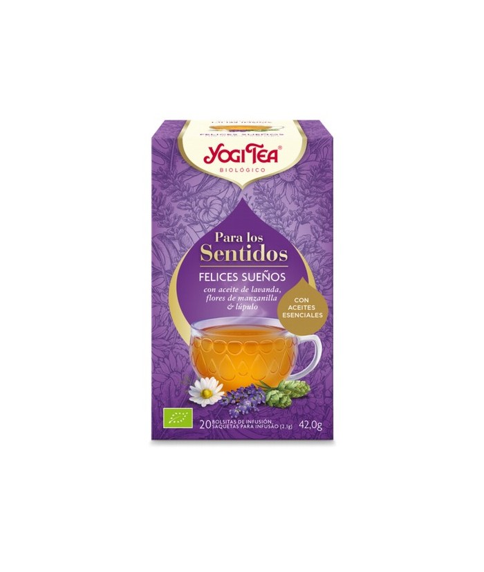 YOGI TEA® Felices Sueños invita a dejarse caer en el mundo de los sueños. El placer del aceite esencial de lavanda junto con la