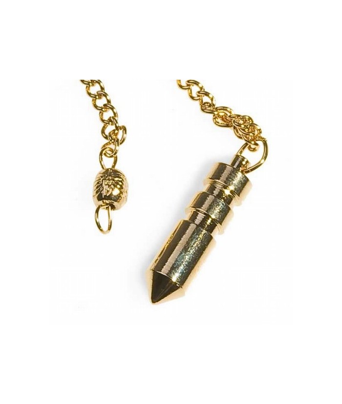 Péndulo metálico dorado forma bala. Engarzado con cadena de acero de aproximadamente 200 mm. de largo Medidas:aprox. 50 mm.
Pr