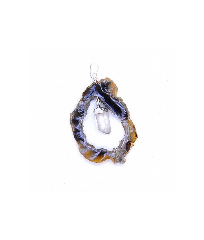 Colgante Geoda de Ágata con Punta de Cristal de Roca.

Engarce plateado.

Medida aprox.: 3,5 cm.