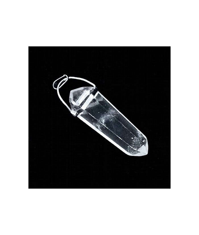 Colgante basculante en punta biterminada de Cristal de Roca. 

Medida: 3cm x 1cm apróximadamente.

Metal: Rodio