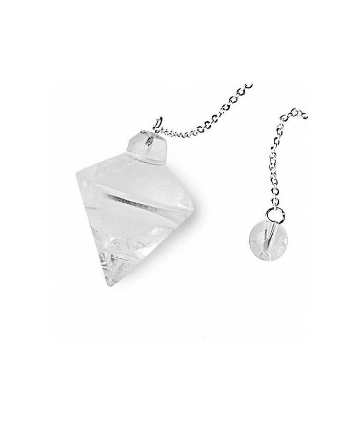 Péndulo Cristal de Roca forma cónica.
Engarzado con cadena de acero de aproximadamente 200 mm. de largo
Medidas:aprox. 35 a 4