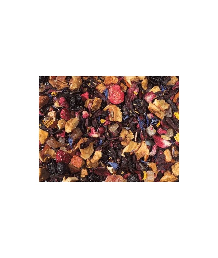 flor de hibisco, trozos de manzana, cubitos de papaya (papaya, azúcar), pasa de corinto, saúcos, grosella negra, aroma, trocito
