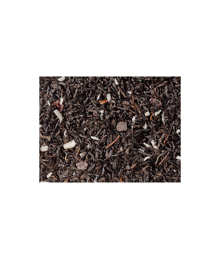 Té negro (91%), rayadura de cacao, rayadura de coco, plaquitas de chocolate (ázucar, grano de cacao molido con manteca de cacao