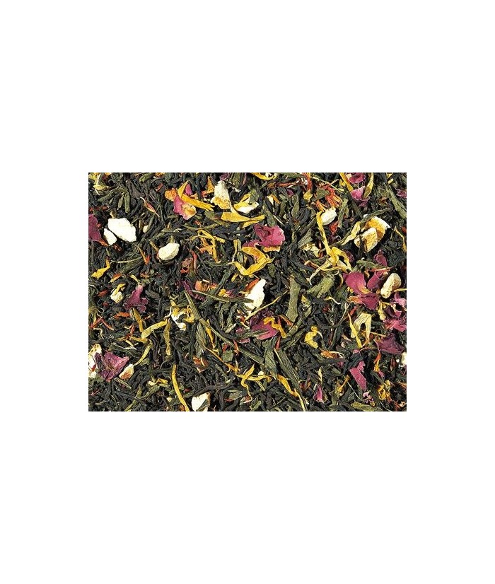 Té negro (55%), Té verde (30 %), cáscara de naranja, aroma, flor de rosas, cártamo, hojas de calendula