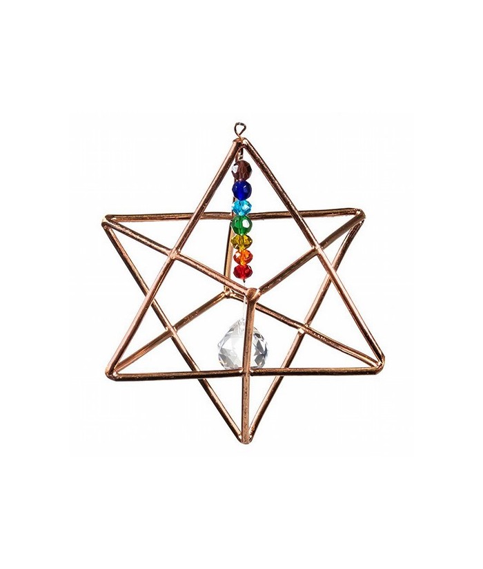 Merkaba con cristales de los 7 chakras.

Para suspender se vende con cable de suspensión.

La estrella Merkaba representa l