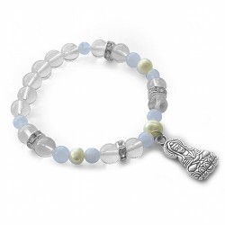 Pulsera de Cristal de Roca, Piedra Luna y Perlas en bolas de 6/8 mm.

Con amuleto colgante metálico Kuan Yin y detalles de ci