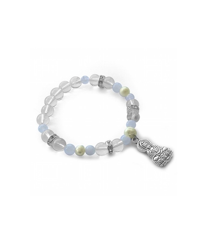 Pulsera de Cristal de Roca, Piedra Luna y Perlas en bolas de 6/8 mm.

Con amuleto colgante metálico Kuan Yin y detalles de ci