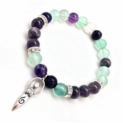 Pulsera de Amatista y Fluorita en bola de 8 mm. con amuleto colgante metálico diosa y detalles de circonitas.

Pulsera élasti