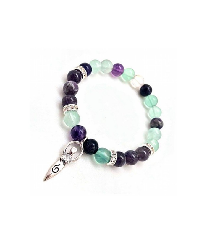 Pulsera de Amatista y Fluorita en bola de 8 mm. con amuleto colgante metálico diosa y detalles de circonitas.

Pulsera élasti
