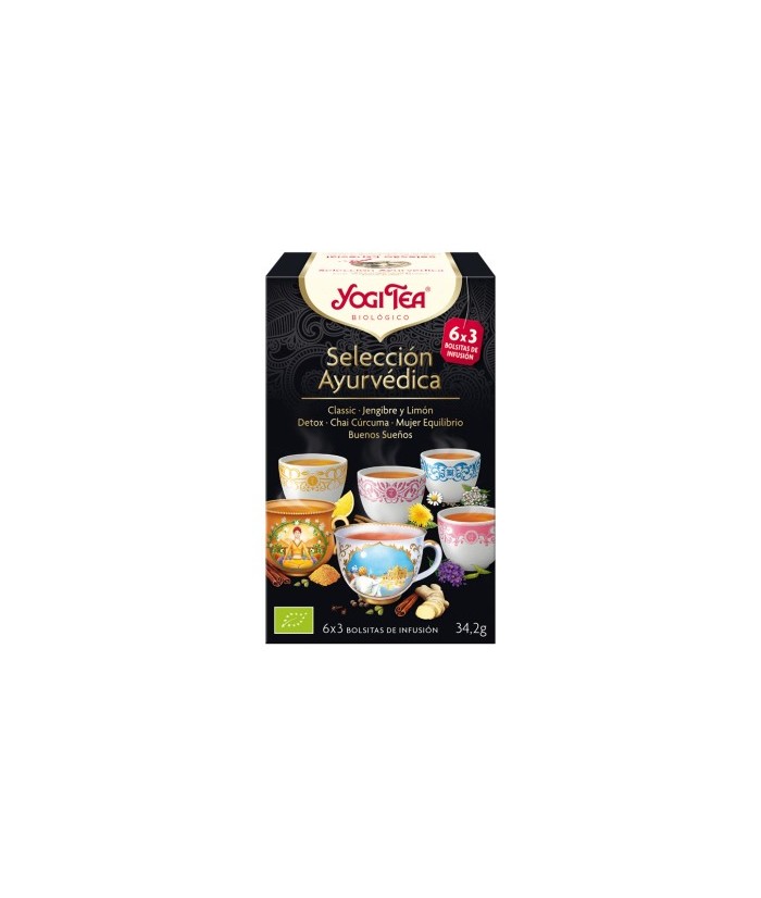 Nuestra Selección Ayurvédica contiene 3 bolsas de cada: Classic · Jengibre y Limón · Detox · Chai Cúrcuma · Mujer Equilibrio · 
