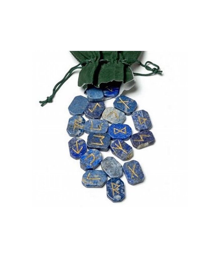 Runas Cuarzo Lapislazuli planas. 24 piezas.
Bolsa de terciopelo.