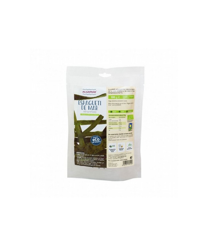 ALGA ESPAGUETI BIO 100 G ALGAMAR
(Himanthalia)
*con certificación ecológica 
Sus formas alargadas y estrechas dan el nombre 