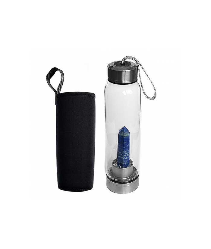 Botella de vidrio con una punta de Lapislázuli en su interior bien sujeta a la base.

Tapón de rosca de acero con un enganche