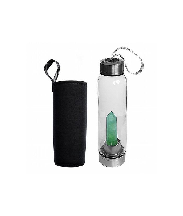 Botella de vidrio con una punta de Fluorita Verde en su interior bien sujeta a la base.

Tapón de rosca de acero con un engan