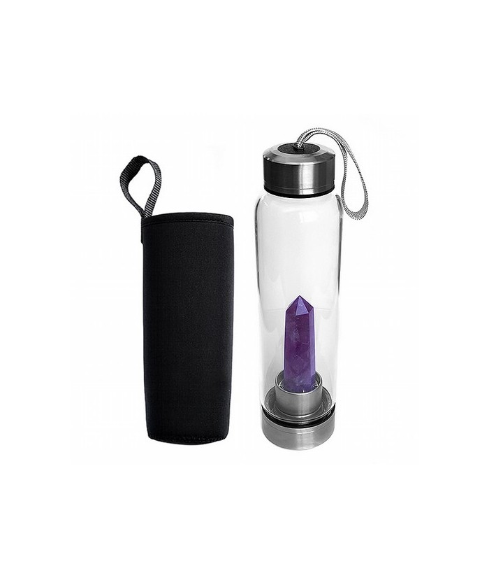 Botella de vidrio con una punta de Amatista en su interior bien sujeta a la base.

Tapón de rosca de acero con un enganche pa