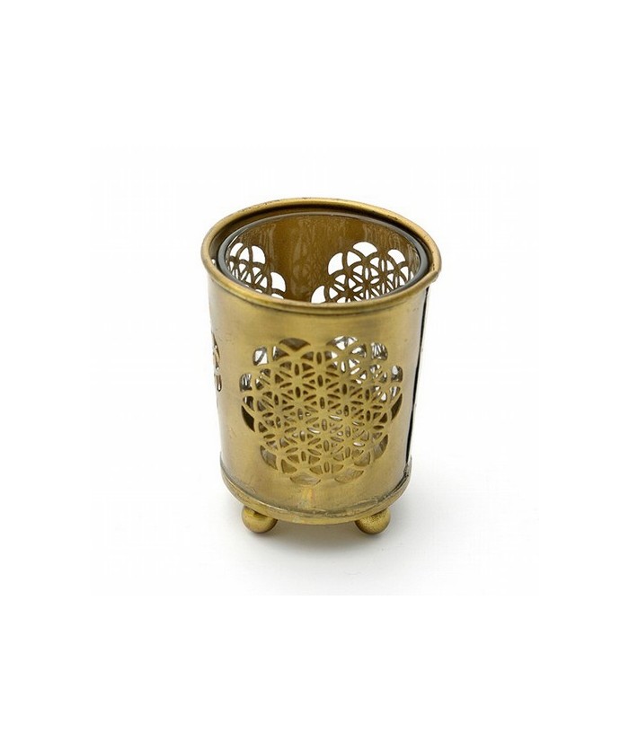 Portavelas de cristal con cobertura exterior metálica dorada con el símbolo grabado de la Flor de la Vida. 

Medida: 

Alto