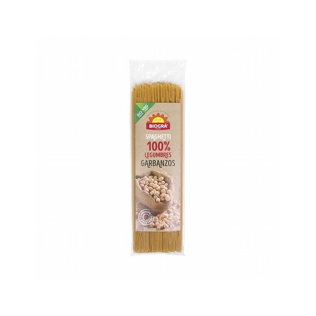 Pasta alimenticia ecológica elaborada con harina de garbanzos 100%. Los spaghetti de garbanzos son muy adecuados para integrar 