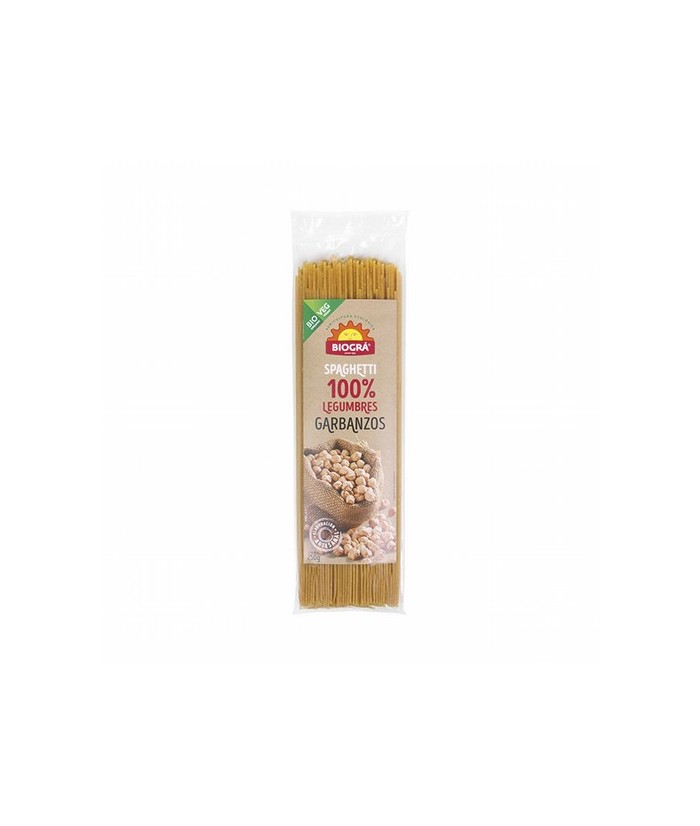 Pasta alimenticia ecológica elaborada con harina de garbanzos 100%. Los spaghetti de garbanzos son muy adecuados para integrar 