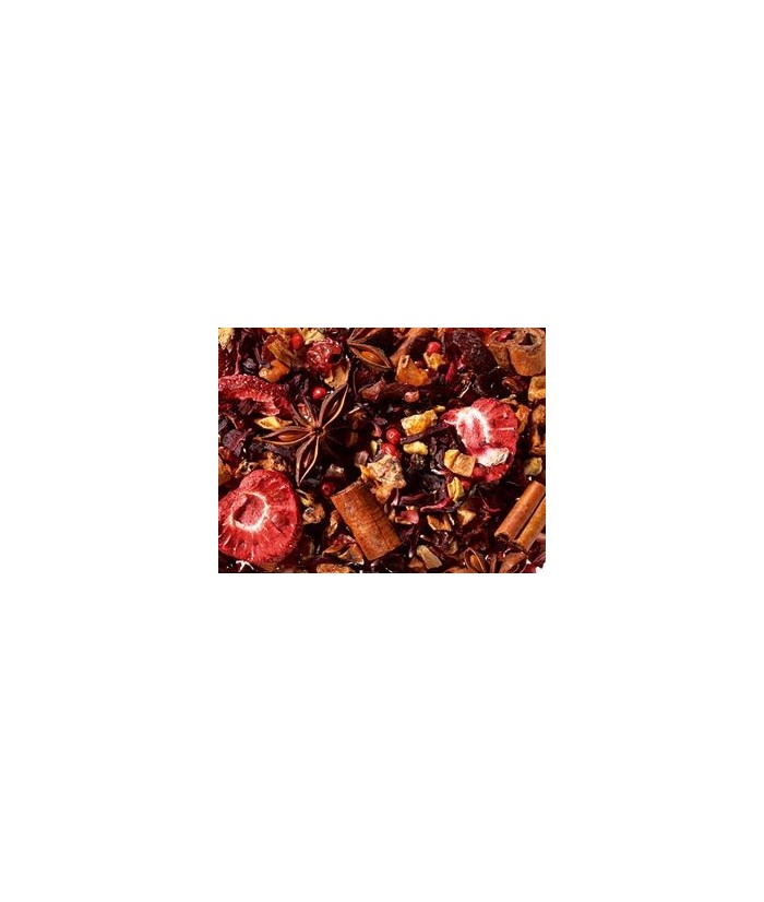 trozos de manzana, flor de hibisco, cáscara de escaramujo, barras de canela, estrella de anís, trocitos de jengibre, pimienta e