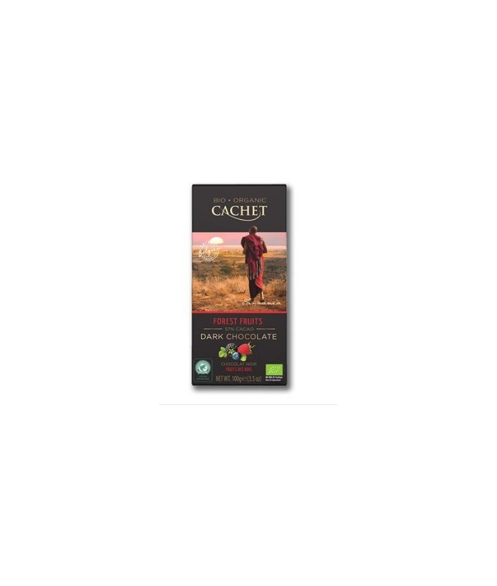 masa de cacao*, azúcar de caña*, manteca de cacao*, Trozos de frutos rojos* (1,5%) (frambuesa*, grosella negra*, arándano*), em