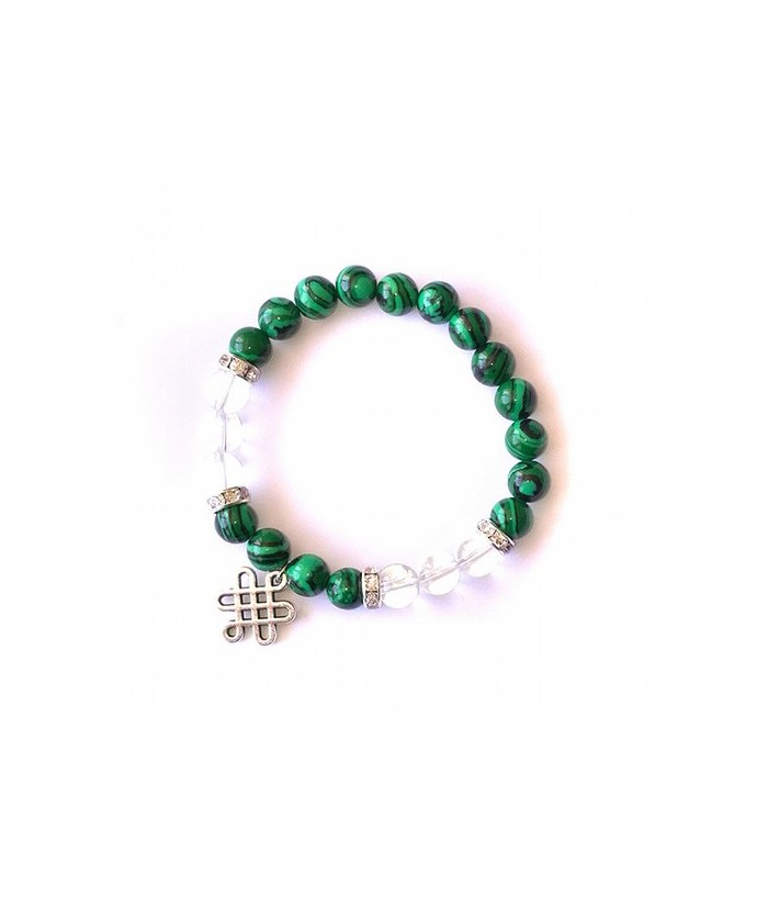 Pulsera de cristal de roca y malaquita (sintética) en bola de 8mm. con un amuleto colgante del nudo infinito* y detalles de cir
