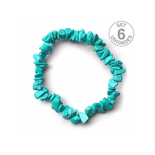Pulsera de Howlita en piedras chip engarzadas en silicona elástica.
Presentada en percha de cartón con nombre de mineral y su 