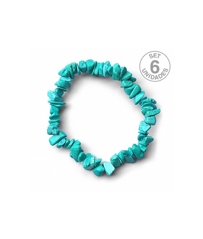 Pulsera de Howlita en piedras chip engarzadas en silicona elástica.
Presentada en percha de cartón con nombre de mineral y su 