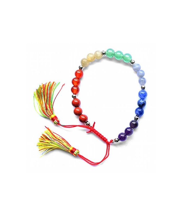 Pulsera decorada con bolas de minerales de 6mm de los chakras y borla con cierre corredero de hilo de algodon.