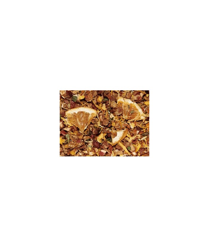 trozos de manzana, rodajas de naranja, aroma natural, pedacitos de mandarina/naranja liofilizada, hojas de calendula, hojas de 