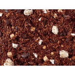 té Rooibos, plaquitas de chocolate (ázucar, grano de cacao molido con manteca de cacao, polvo de cacao, emulsionanate: soja-lec