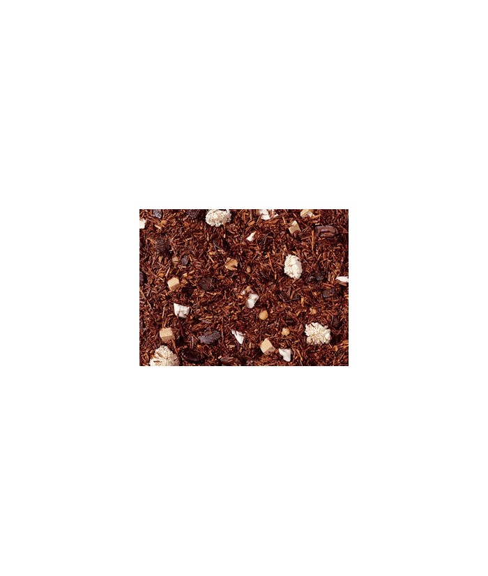 té Rooibos, plaquitas de chocolate (ázucar, grano de cacao molido con manteca de cacao, polvo de cacao, emulsionanate: soja-lec