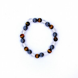 Pulsera de Hematite, Cristal de Roca y Ojo de tigre en bola de 8 mm.
Engarzada en goma elástica.
