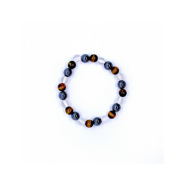 Pulsera de Hematite, Cristal de Roca y Ojo de tigre en bola de 8 mm.
Engarzada en goma elástica.
