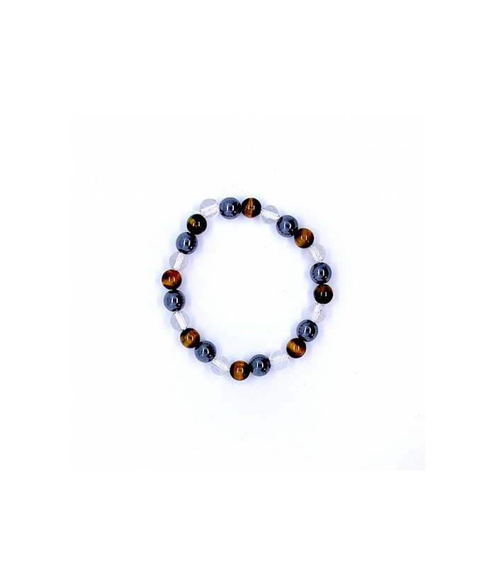 Pulsera de Hematite, Cristal de Roca y Ojo de tigre en bola de 8 mm.
Engarzada en goma elástica.
